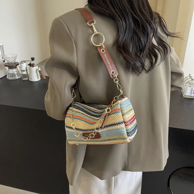 RIVMIND Straw Woven Shoulder Bag Regular Women's Multicolor Brown/Multicolor White/Ecru/Khaki-4
