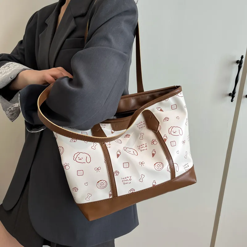 RIVMIND PU Tote Bag, Shopping Bag, Shoulder Bag Women's White/Pink/Brown-5