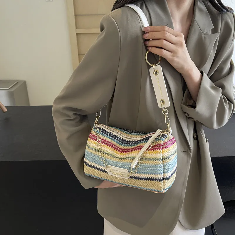 RIVMIND Straw Woven Shoulder Bag Regular Women's Multicolor Brown/Multicolor White/Ecru/Khaki-8