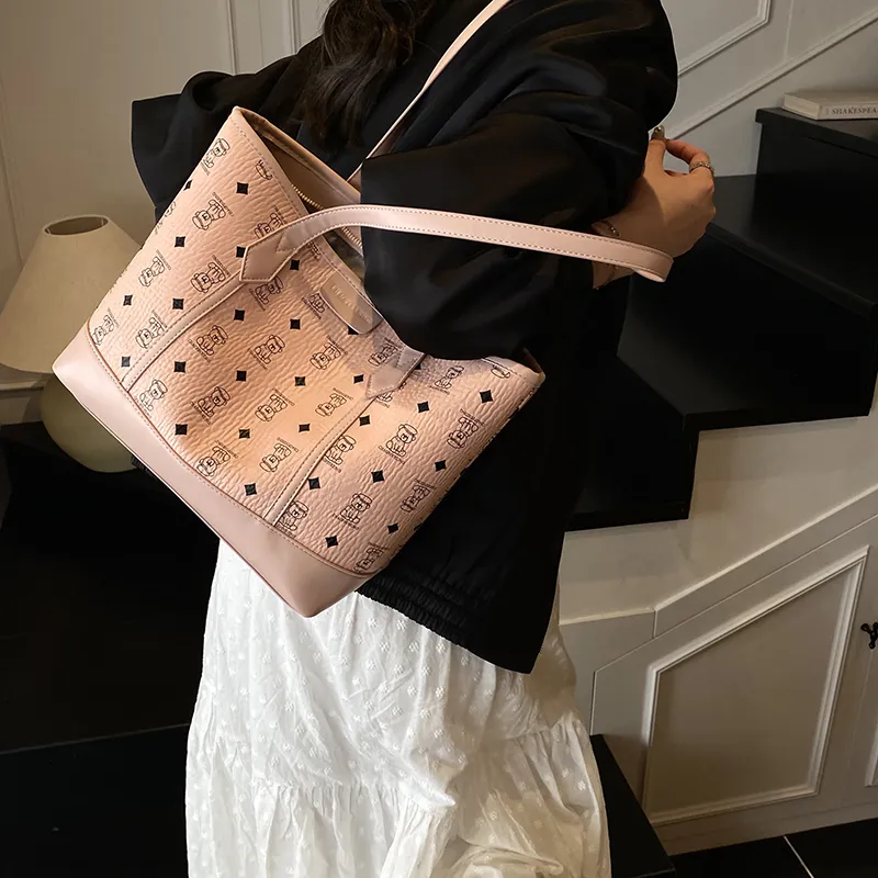 RIVMIND PU Basket Bag Shoulder Bag Women's Beige/Pink/Brown/Black-11