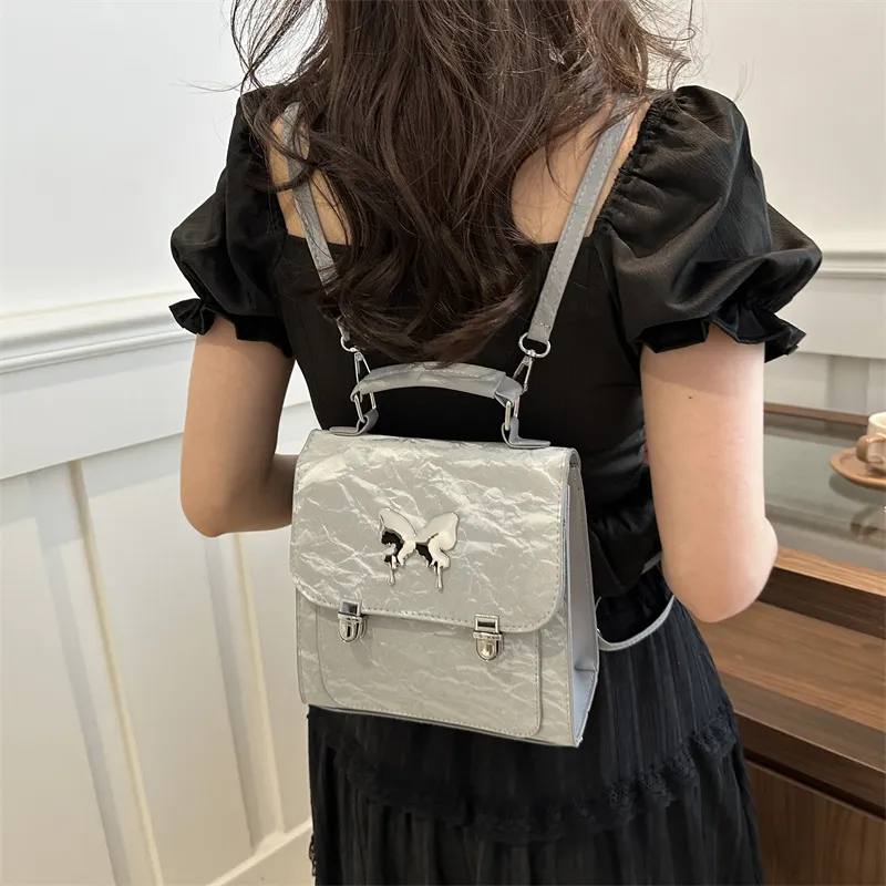 RIVMIND PU Carry Backpack Medium Size Women's White/Silver/Black/Pink-12