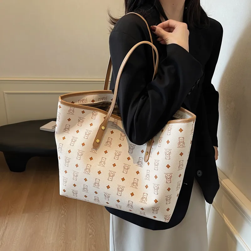RIVMIND PU Tote Bag, Shopping Bag, Shoulder Bag Women's White/Black/Pink/Brown/Black & White-7