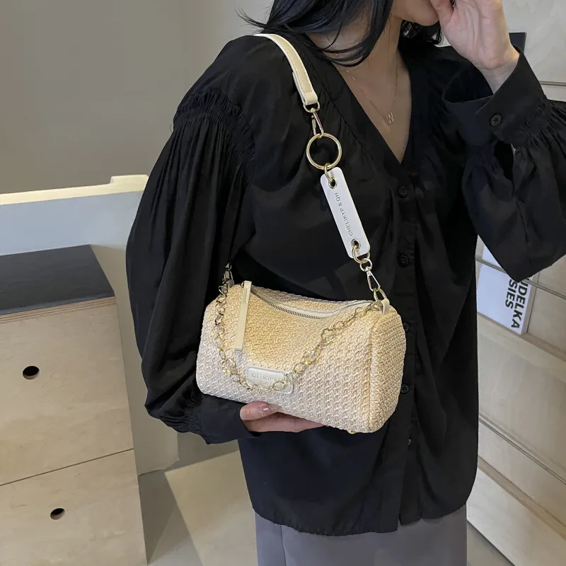 RIVMIND Straw Woven Shoulder Bag Regular Women's Multicolor Brown/Multicolor White/Ecru/Khaki-14