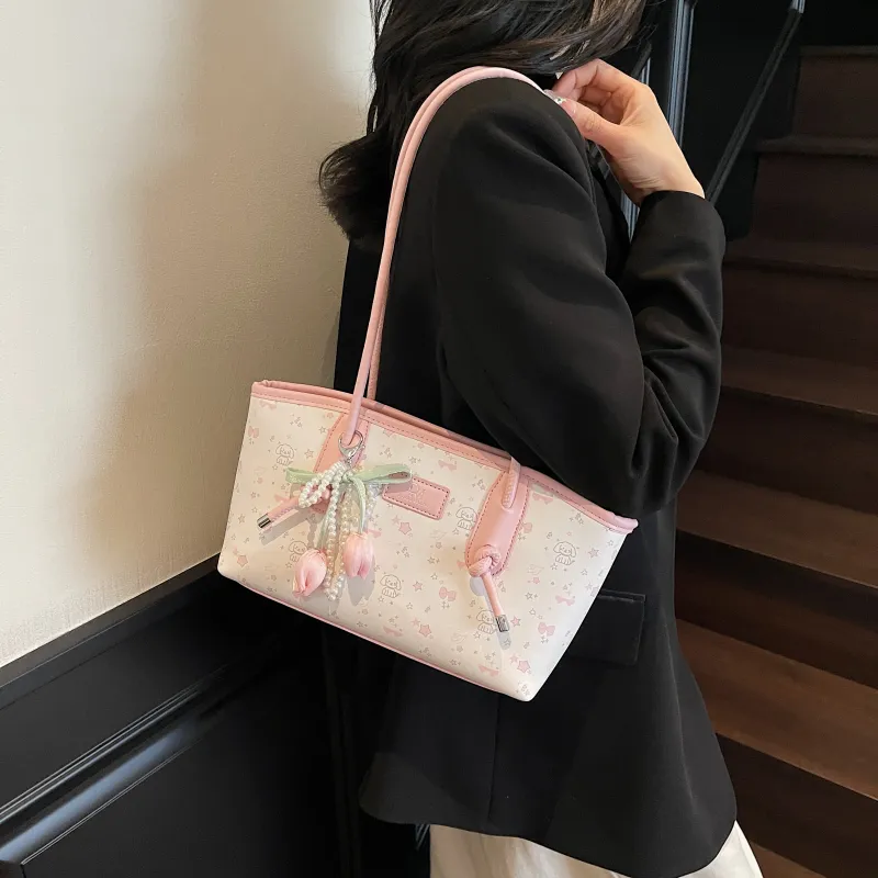RIVMIND PU Tote Bag, Shopping Bag, Shoulder Bag Women's Pink/Yellow-5