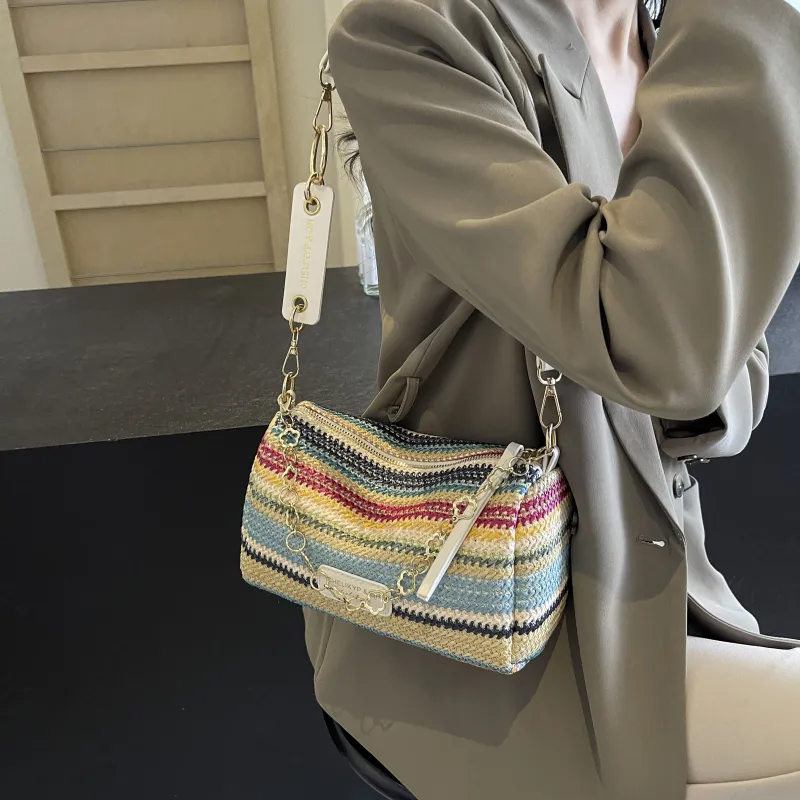 RIVMIND Straw Woven Shoulder Bag Regular Women's Multicolor Brown/Multicolor White/Ecru/Khaki-7