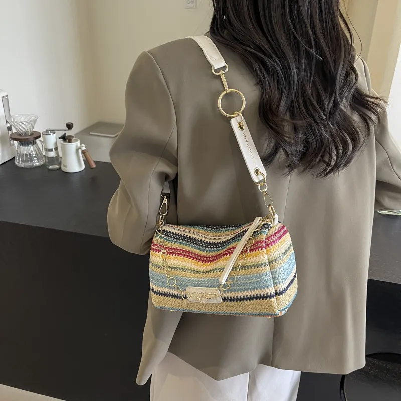 RIVMIND Straw Woven Shoulder Bag Regular Women's Multicolor Brown/Multicolor White/Ecru/Khaki-9