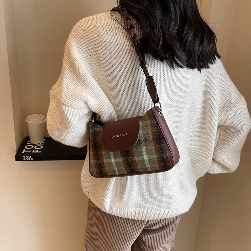 RIVMIND Woolen Underarm Shoulder Bag Women's Red/Green/Coffee-9