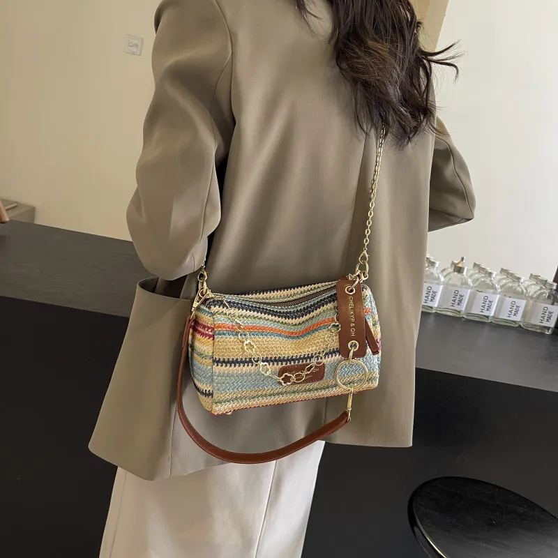 RIVMIND Straw Woven Shoulder Bag Regular Women's Multicolor Brown/Multicolor White/Ecru/Khaki-3