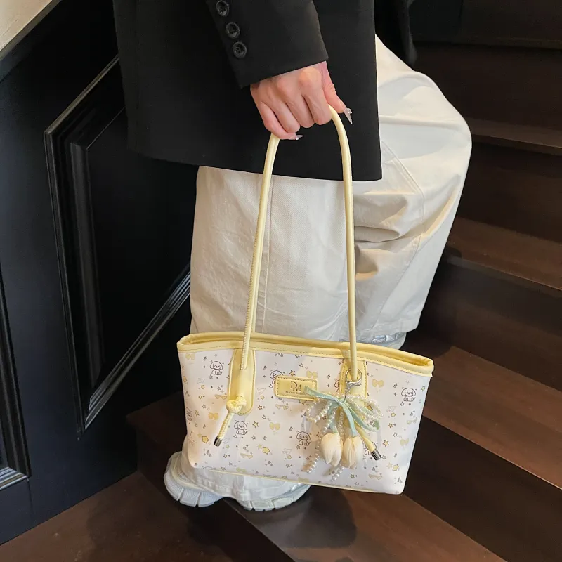 RIVMIND PU Tote Bag, Shopping Bag, Shoulder Bag Women's Pink/Yellow-12