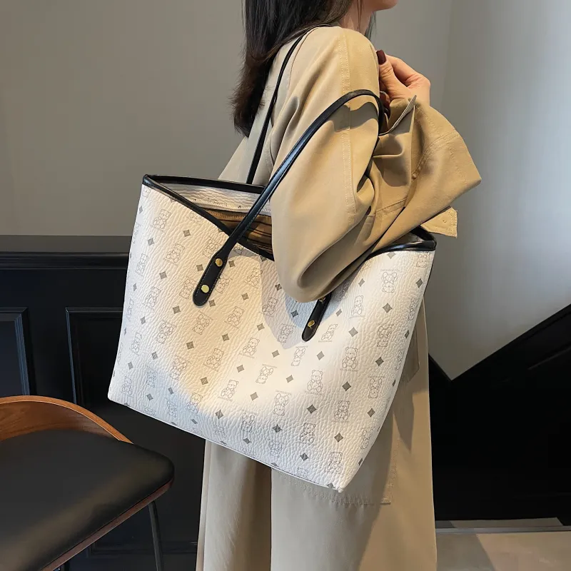 RIVMIND PU Tote Bag, Shopping Bag, Shoulder Bag Women's White/Black/Pink/Brown/Black & White-2