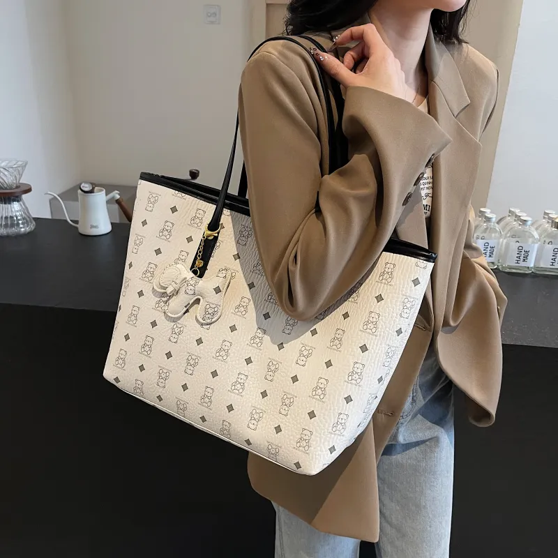 RIVMIND PU Tote Bag, Shopping Bag, Shoulder Bag Women's White/Black/Pink/Brown/Black & White-4