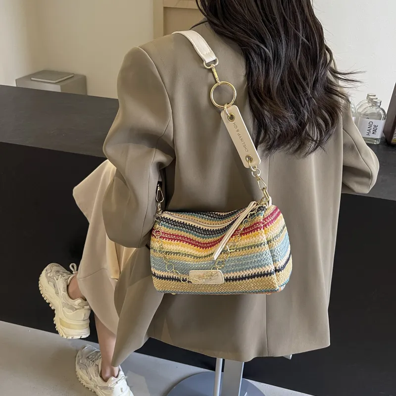 RIVMIND Straw Woven Shoulder Bag Regular Women's Multicolor Brown/Multicolor White/Ecru/Khaki-10