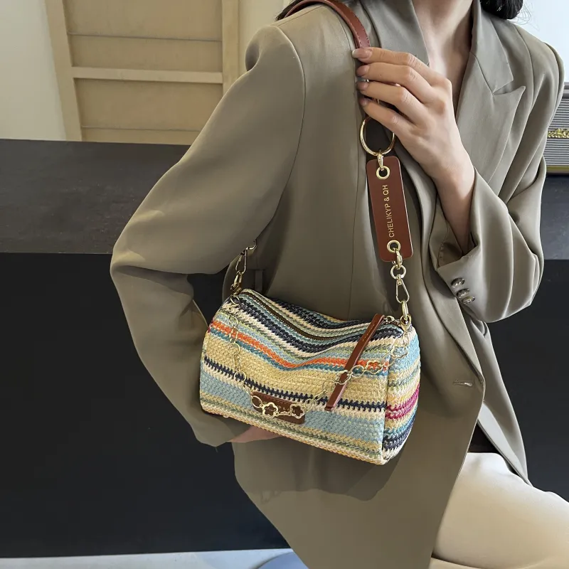 RIVMIND Straw Woven Shoulder Bag Regular Women's Multicolor Brown/Multicolor White/Ecru/Khaki-5