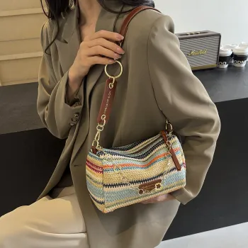RIVMIND Straw Woven Shoulder Bag Regular Women's Multicolor Brown/Multicolor White/Ecru/Khaki