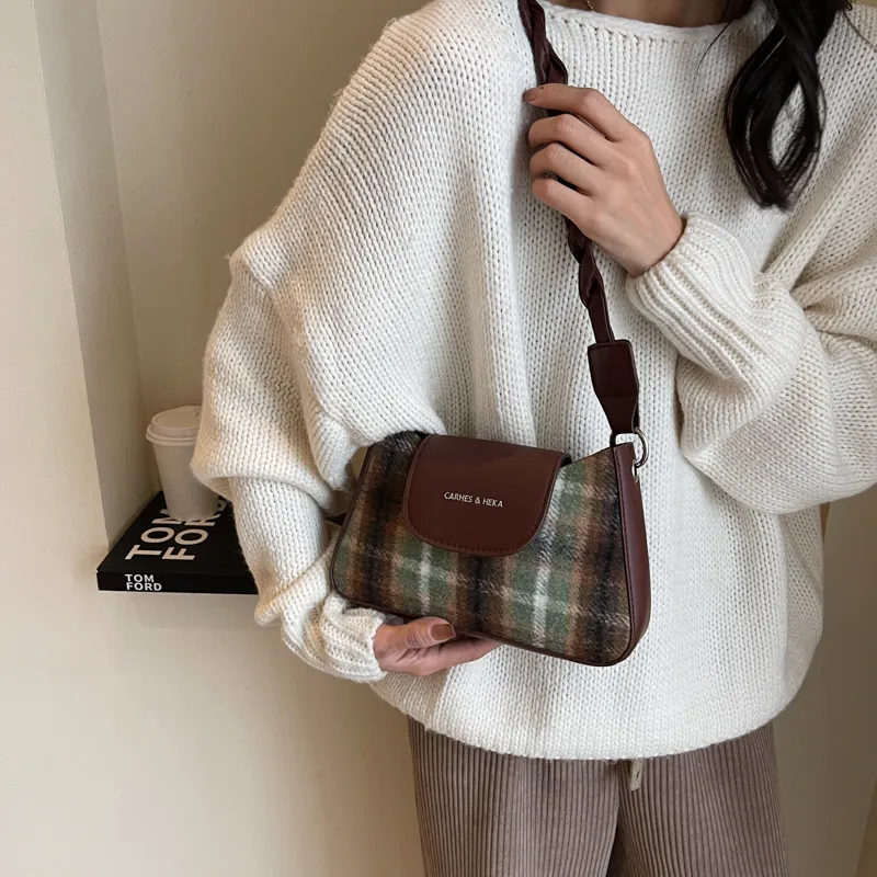 RIVMIND Woolen Underarm Shoulder Bag Women's Red/Green/Coffee-11
