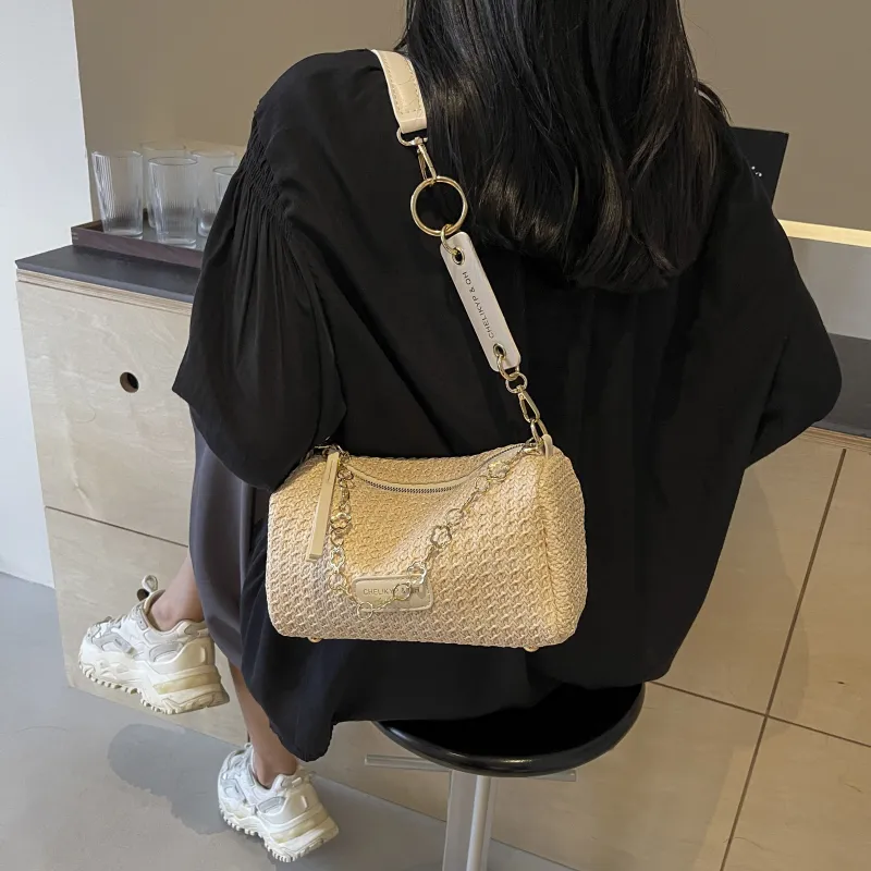 RIVMIND Straw Woven Shoulder Bag Regular Women's Multicolor Brown/Multicolor White/Ecru/Khaki-13
