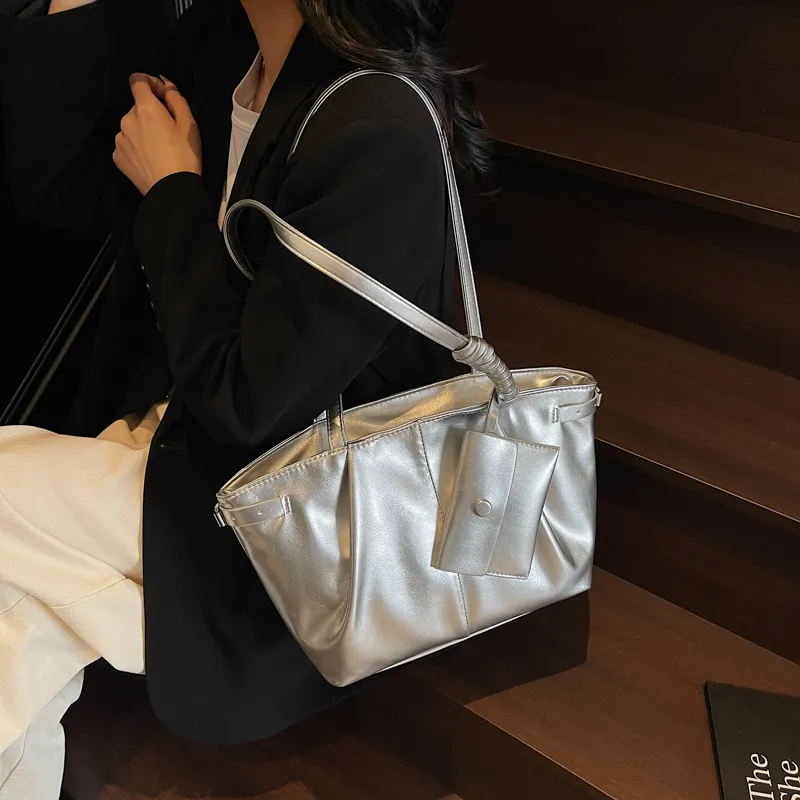RIVMIND PU Tote Bag, Shoulder Bag Regular Women's White/Silver/Black/Pink/Blue-11