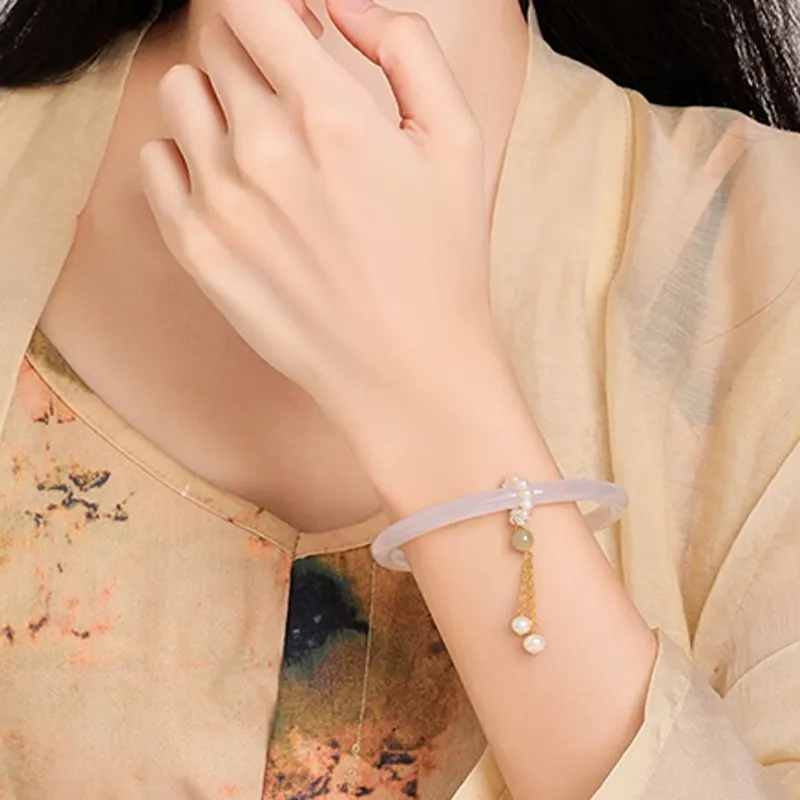 FMC S925 Silver Chain With Hetian Jade Bead Chalcedony Bangle Women's Green Jade-1