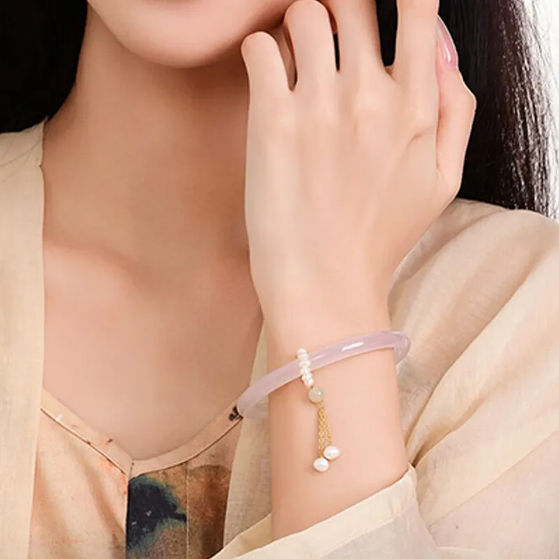 FMC S925 Silver Chain With Hetian Jade Bead Chalcedony Bangle Women's Green Jade-2