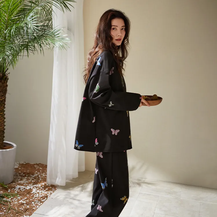 Yue Nei Pajama Set Women's Black Iridescent Butterfly-4