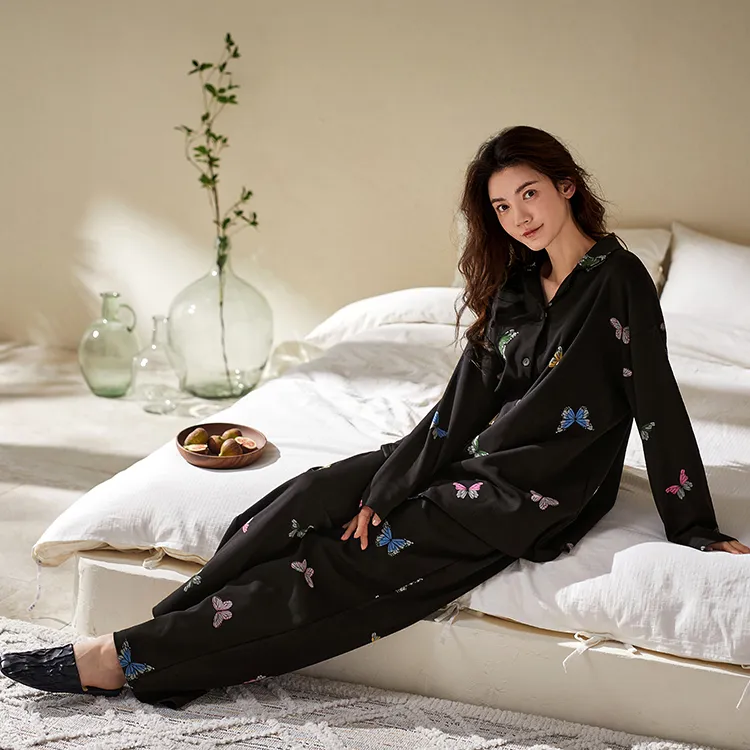 Yue Nei Pajama Set Women's Black Iridescent Butterfly-5