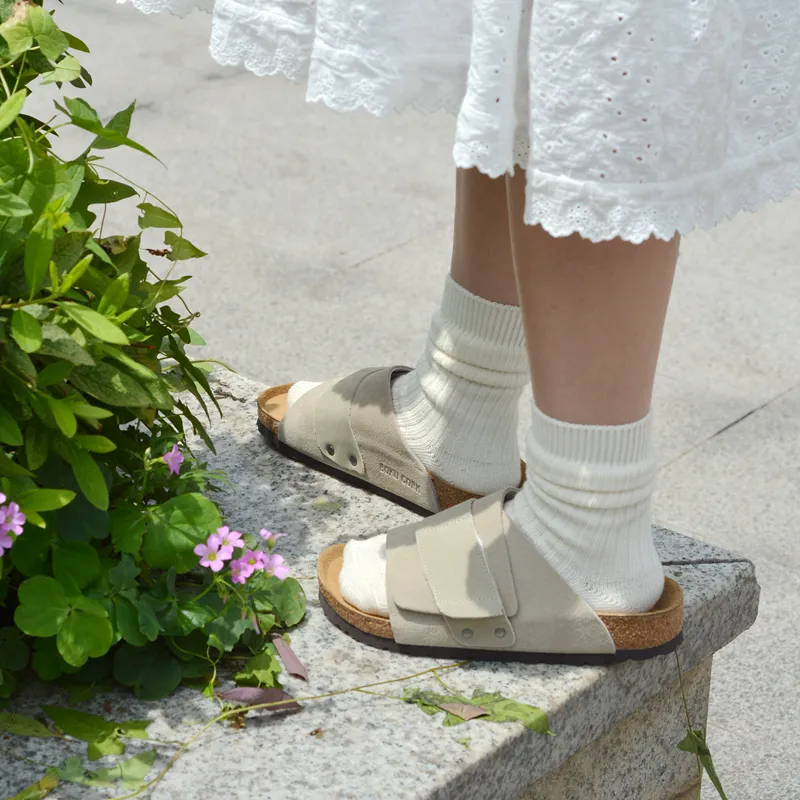 Boku Cork Sole Leather Patchwork Slip Resistant Abrasion Resistant Slide Slippers Unisex Gray-10