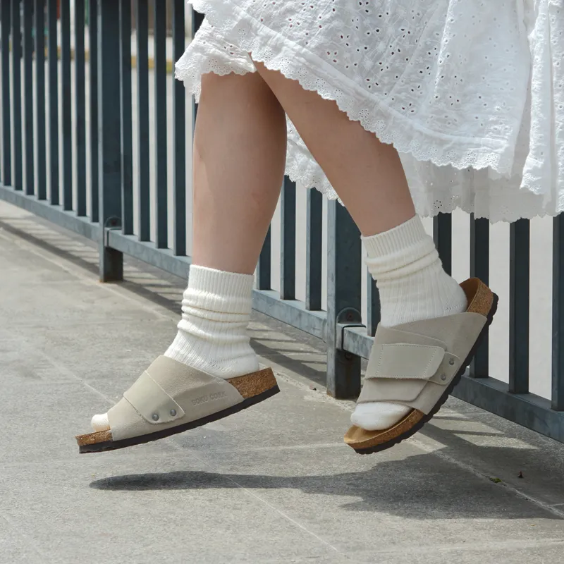 Boku Cork Sole Leather Patchwork Slip Resistant Abrasion Resistant Slide Slippers Unisex Gray-9