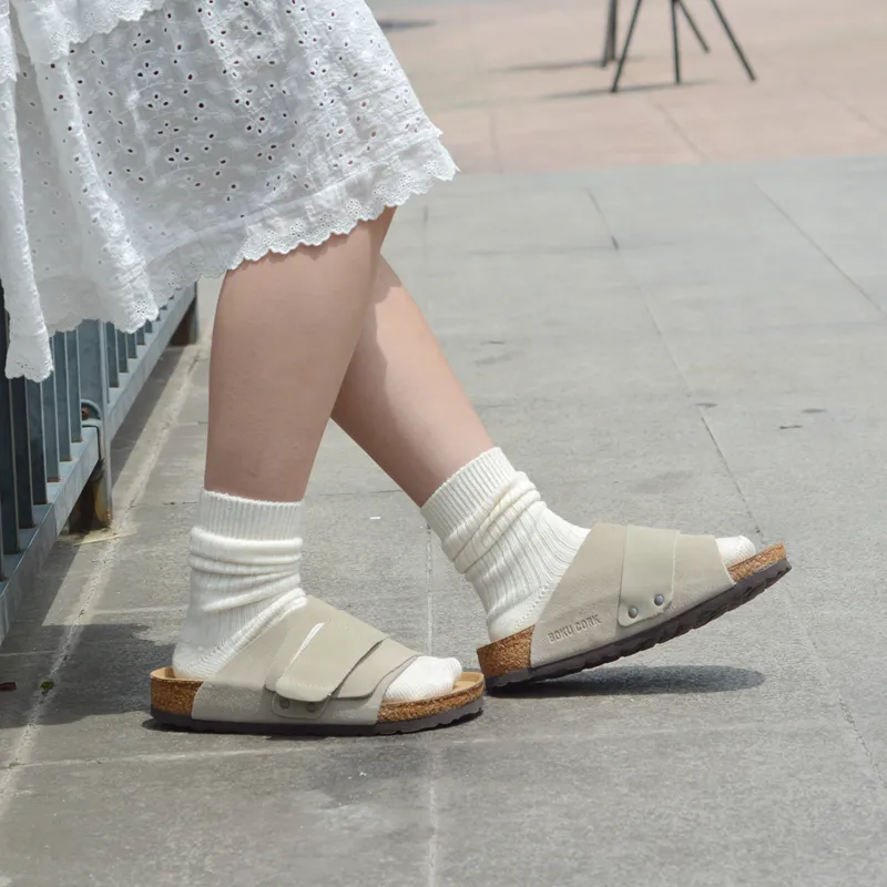 Boku Cork Sole Leather Patchwork Slip Resistant Abrasion Resistant Slide Slippers Unisex Gray-6
