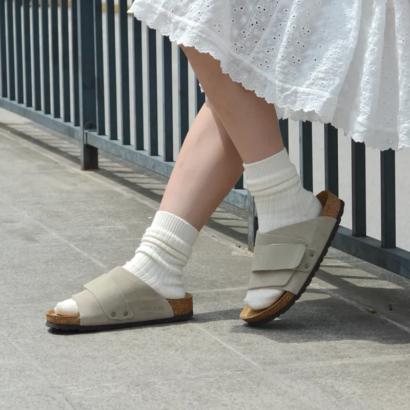 Boku Cork Sole Leather Patchwork Slip Resistant Abrasion Resistant Slide Slippers Unisex Gray-8