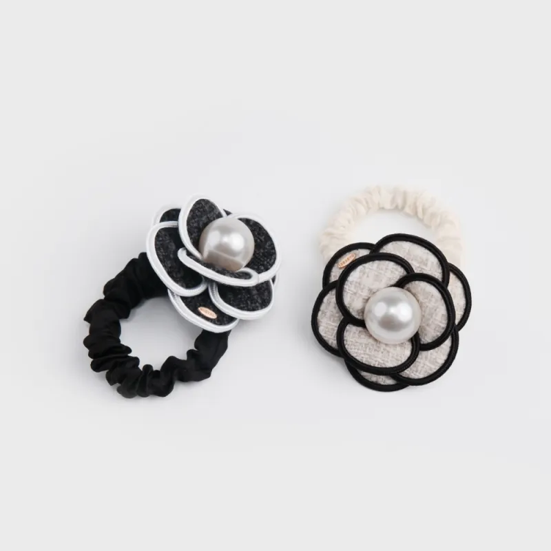 BABYBEI Tweed Head Rope Temperament French Camellia Black Beige Hair Accessories Women's-4