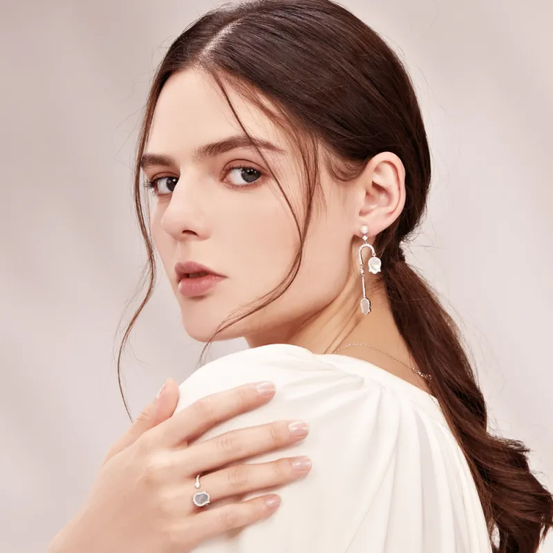 BABYBEI 925 Sterling Silver Mother Of Pearl Floral Long Face Lifting Fresh Ethereal Quality Earrings Women's-2