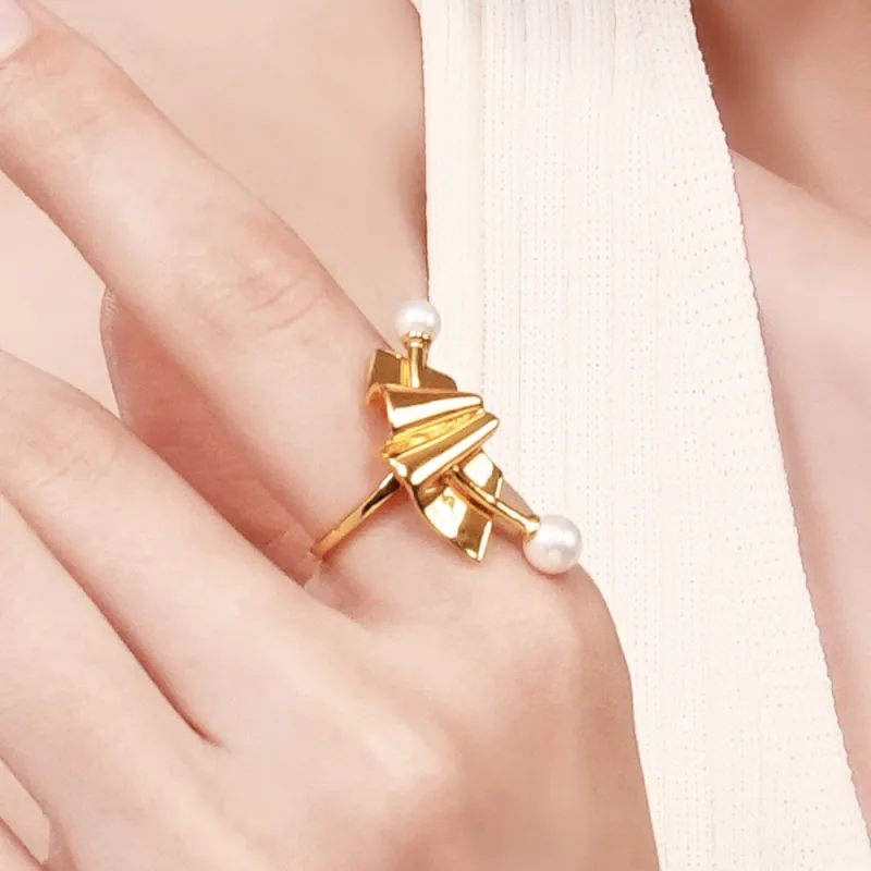 BABYBEI 925 Sterling Silver Pearl Gold Individual Elegant Creative Niche Design Rings Women's-2