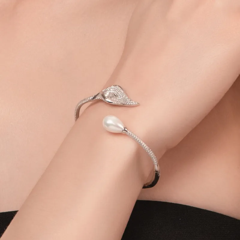 BABYBEI 925 Sterling Silver Shell Pearl Bangles Women's-2