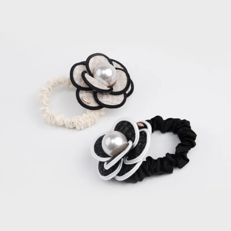 BABYBEI Tweed Head Rope Temperament French Camellia Black Beige Hair Accessories Women's-3