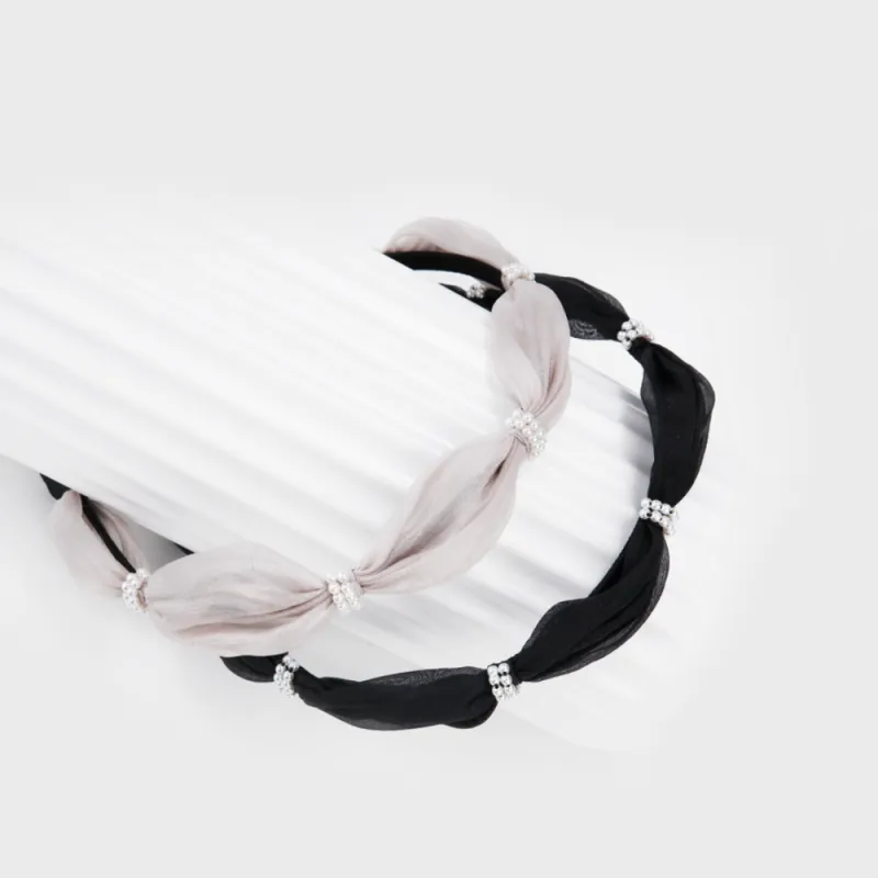 BABYBEI Fabric High Light Pearl Headbands Women's Beige Black-4