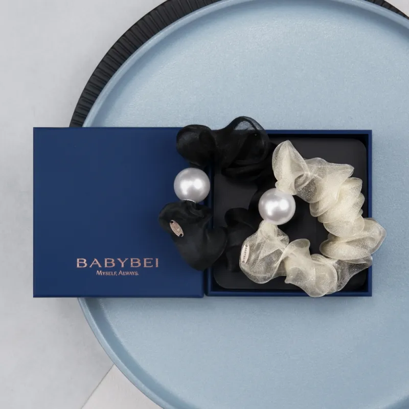 BABYBEI Pleated Ethereal Sweet Style Minimalist Style Advanced Gentle Black Beige Hair Tie Women's-1