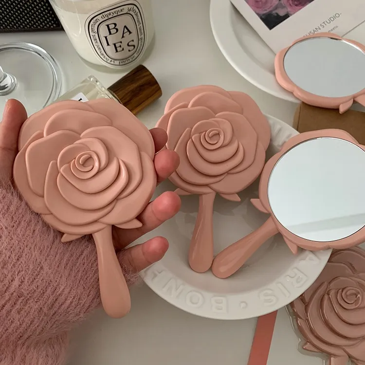 A Few More Cute Instagram Style Handheld Pink Rose Hand Mirror Portable Mini Mirror Make up Tools-5