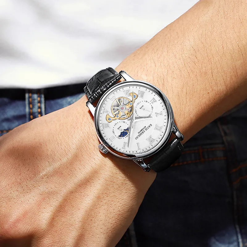 Katie Ermilio Wrist Watch Automatic Mechanical Movement Genuine Leather Strap White Dial Men's Watches-3