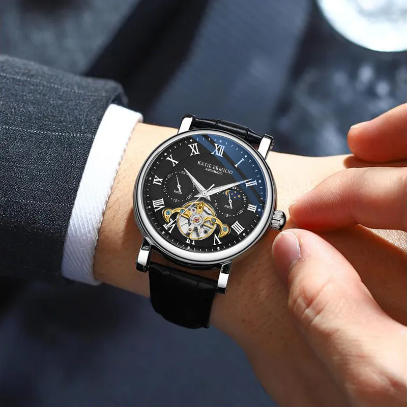 Katie Ermilio Wrist Watch Automatic Mechanical Movement Genuine Leather Strap White Dial Men's Watches-3
