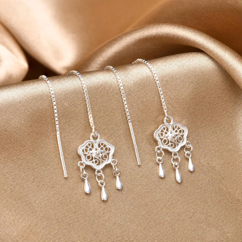 LIANDUO S999 Fine Silver Drop Earrings Women's Silver-3