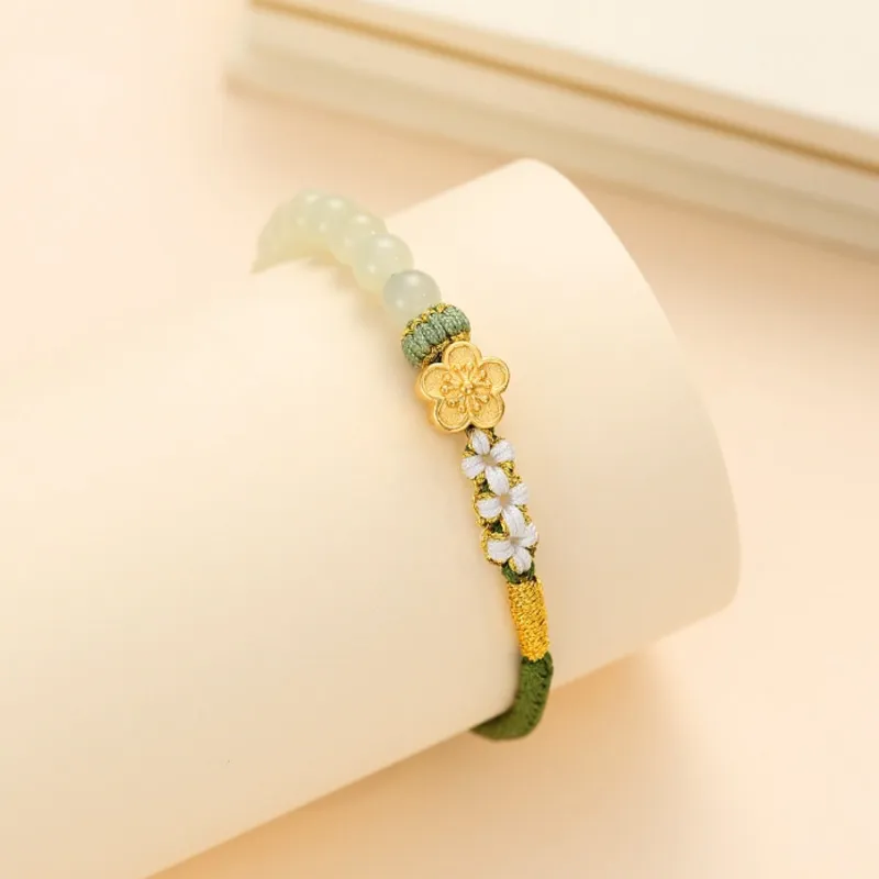 CHOW TAI SENG Hetian Jade Handmade Braided String Bracelet Women's Pale Greenish White Jade-3