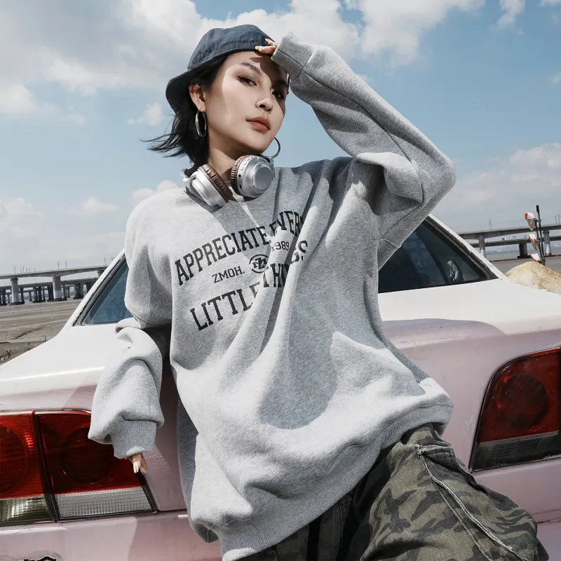 ZMOH Fleece Lined Crew Neck Sweatshirt Unisex Couple's-5