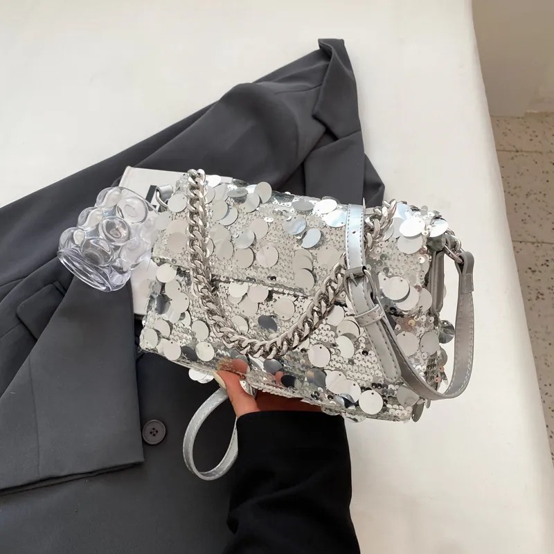 Boniu Sequins Shoulder Bag Medium Size Women's Silver-4