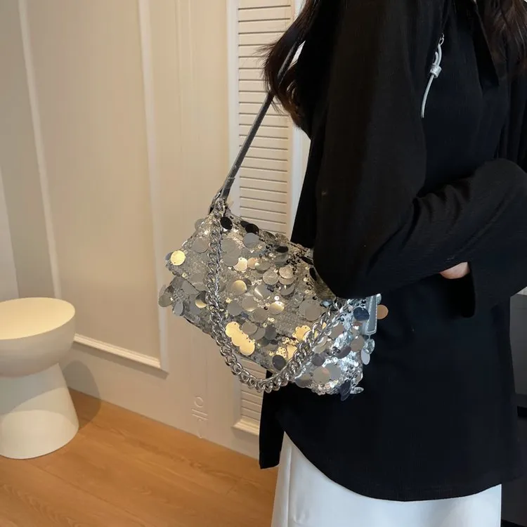 Boniu Sequins Shoulder Bag Medium Size Women's Silver-2