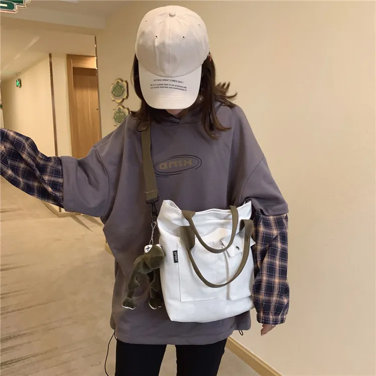 Boniu Canvas Bag, One Shoulder Handbag Unisex White-5