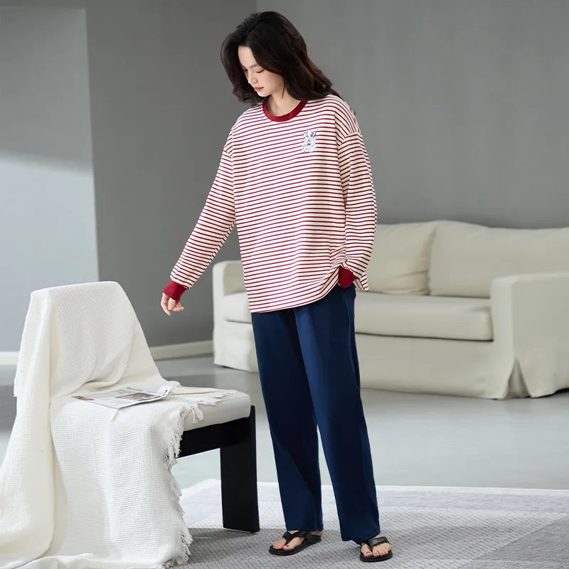 MIIOW Pajama Set Women's White With Red Stripes-1