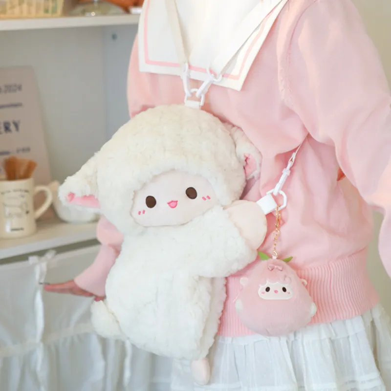 Holding Bamboo Plush Backpack, Crossbody Bag Small Size Women's White-4