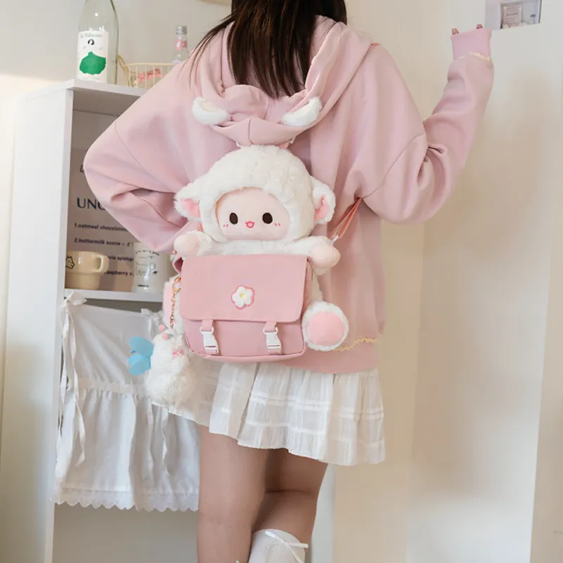 Holding Bamboo Rabbit Fur Backpack Regular Women's White & Pink-4
