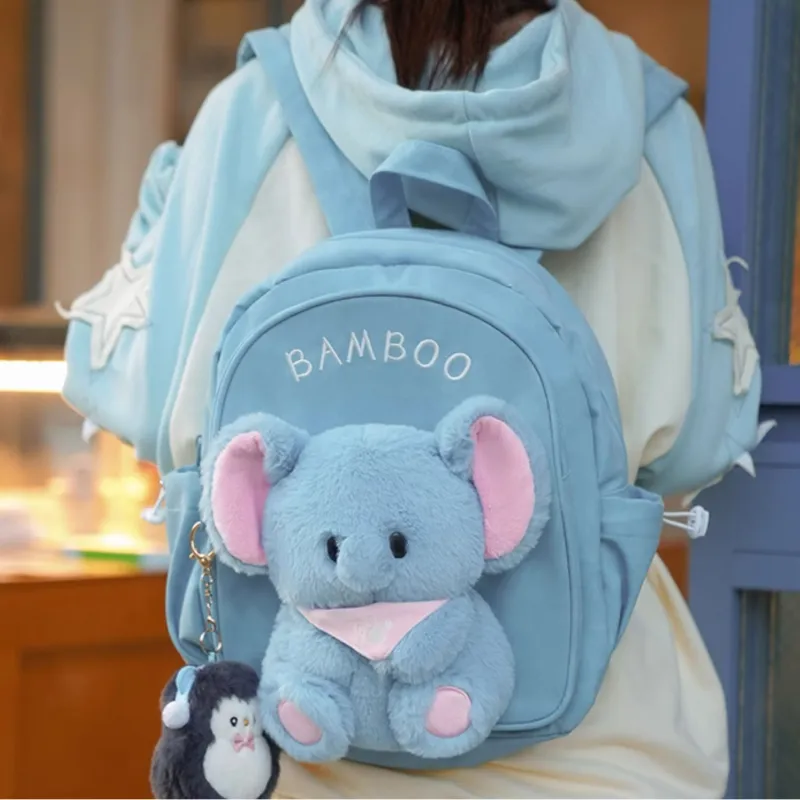 Holding Bamboo Rabbit Fur With Canvas Backpack Unisex Blue-3