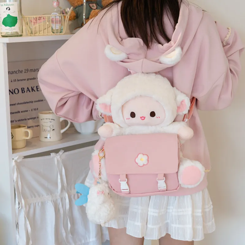 Holding Bamboo Rabbit Fur Backpack Regular Women's White & Pink-1